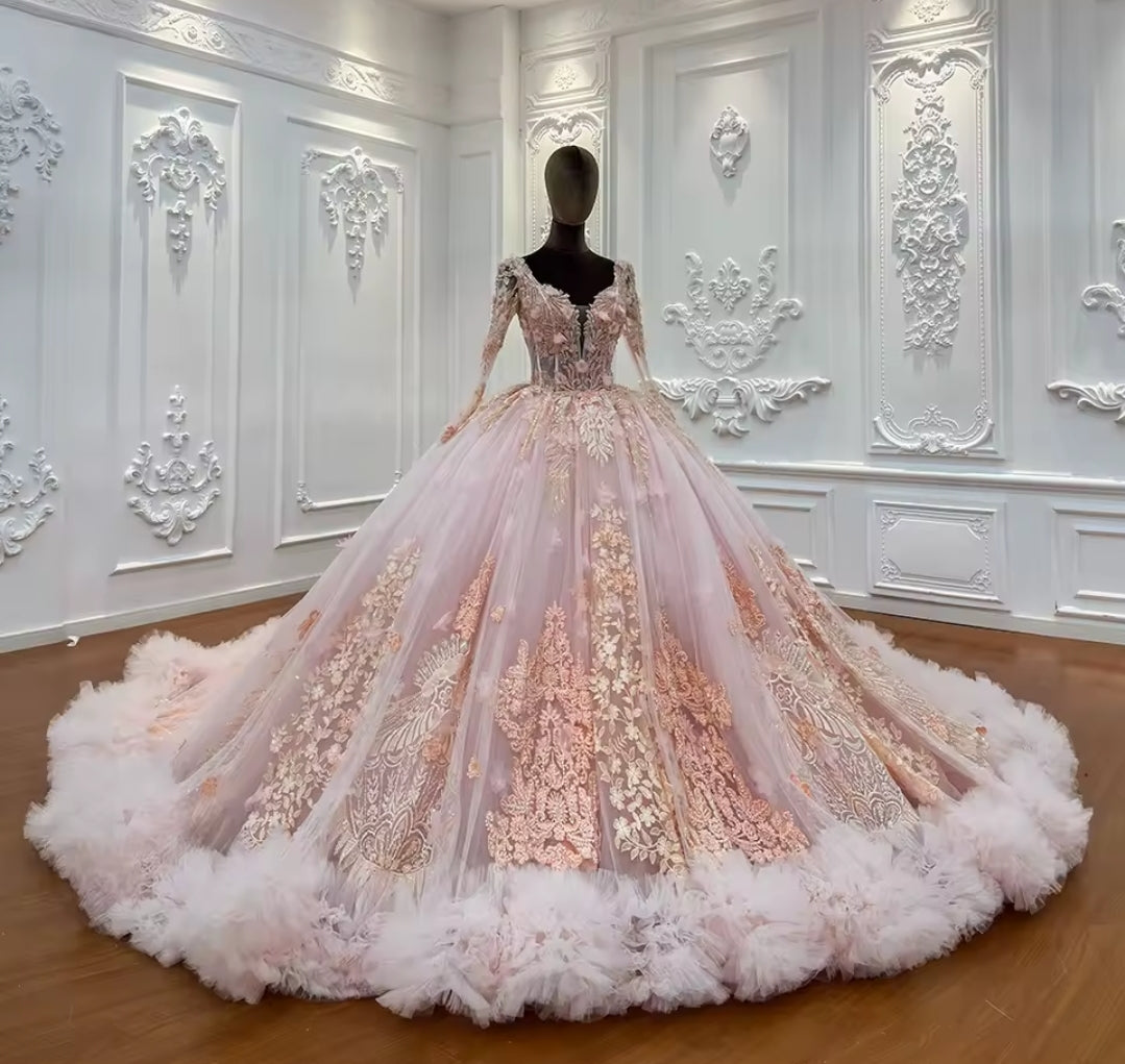 2025 Baby Pink Non-Traditional Floral 3D Appliqués Bridal Gown or Quinceañera, Pageant, Bat Mitzvah, Sweet 16 Ball Gown