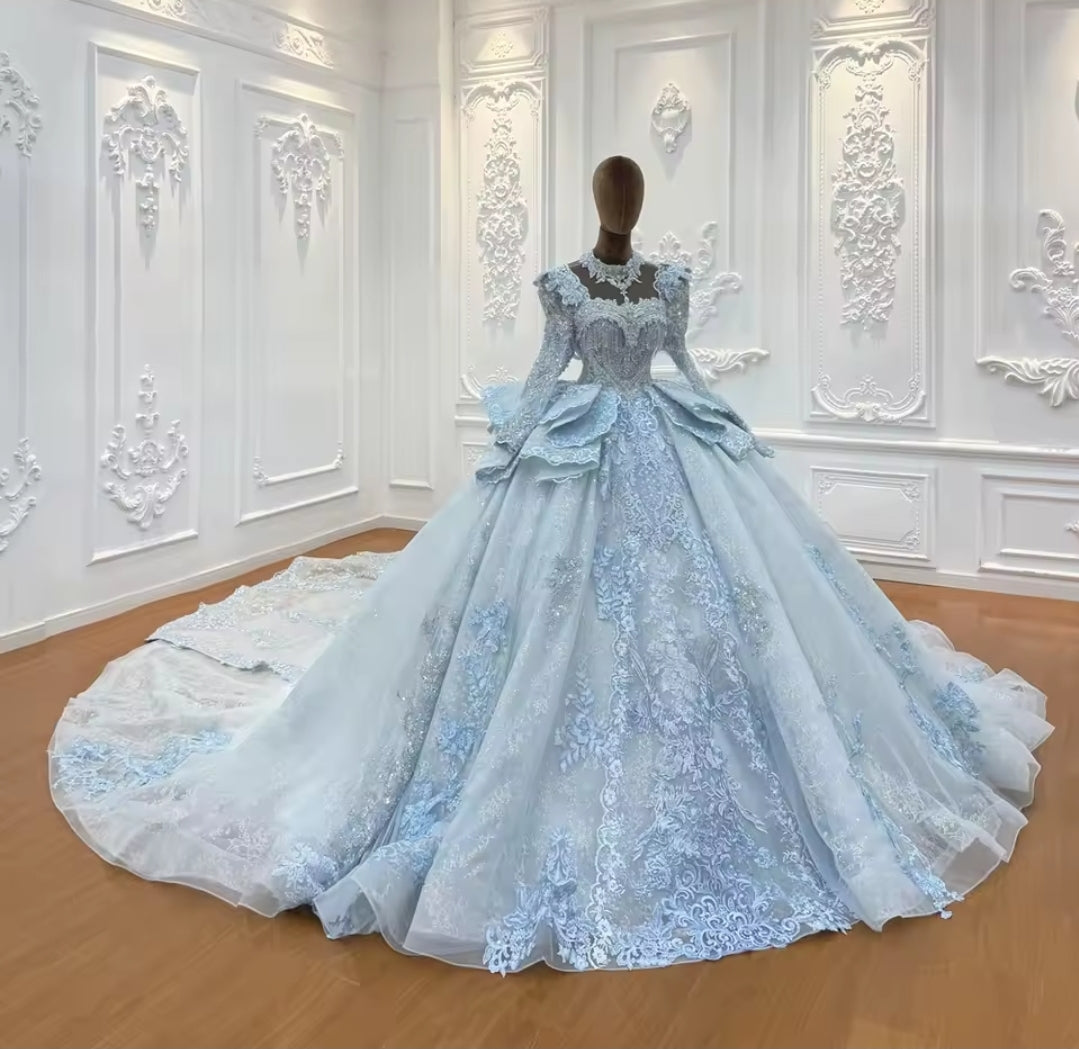 Immaculate 2025 Baby Blue Non-Traditional Long Sleeve Multi Beaded Draped Sweetheart Princess Bridal Ball Gown