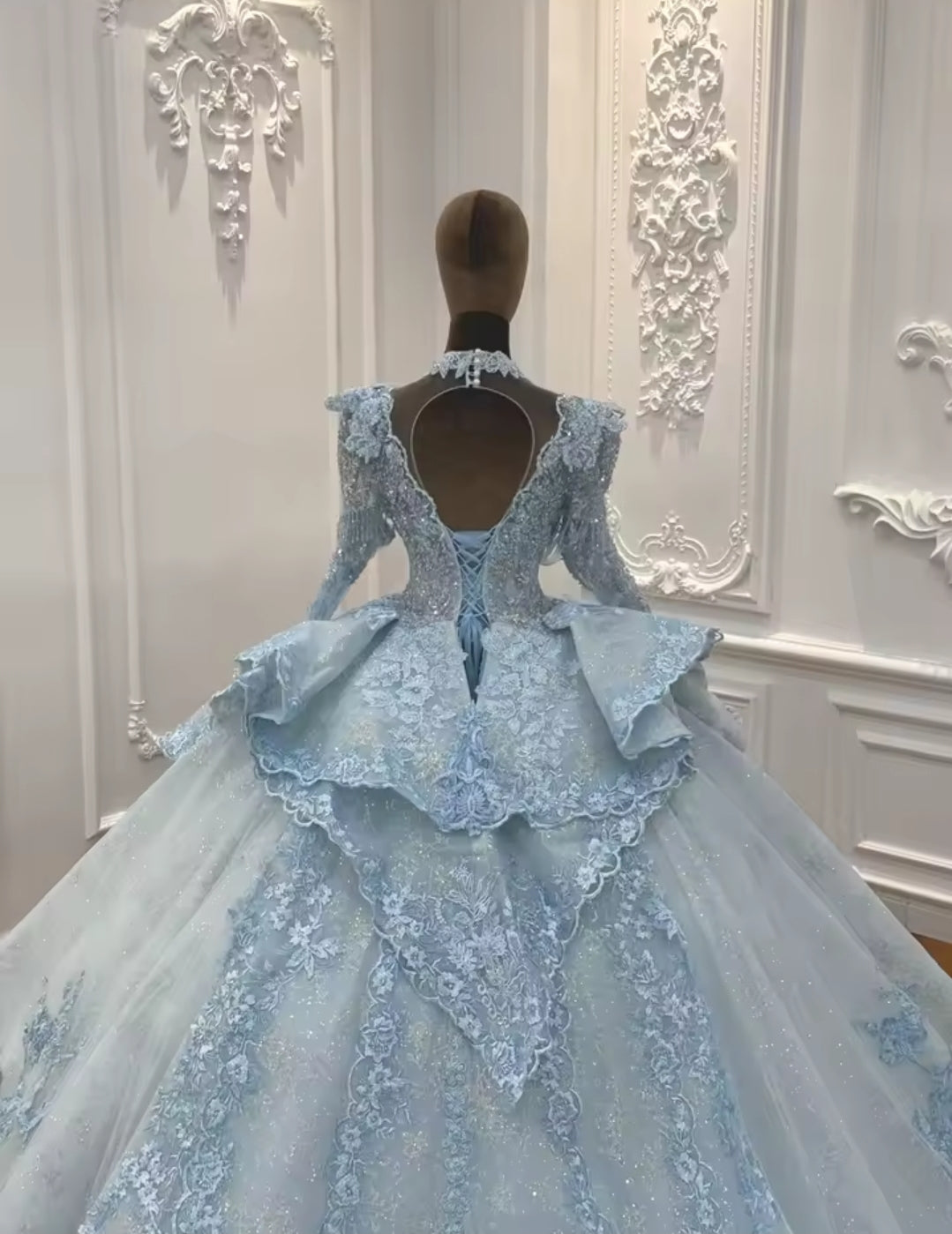 Immaculate 2025 Baby Blue Non-Traditional Long Sleeve Multi Beaded Draped Sweetheart Princess Bridal Ball Gown