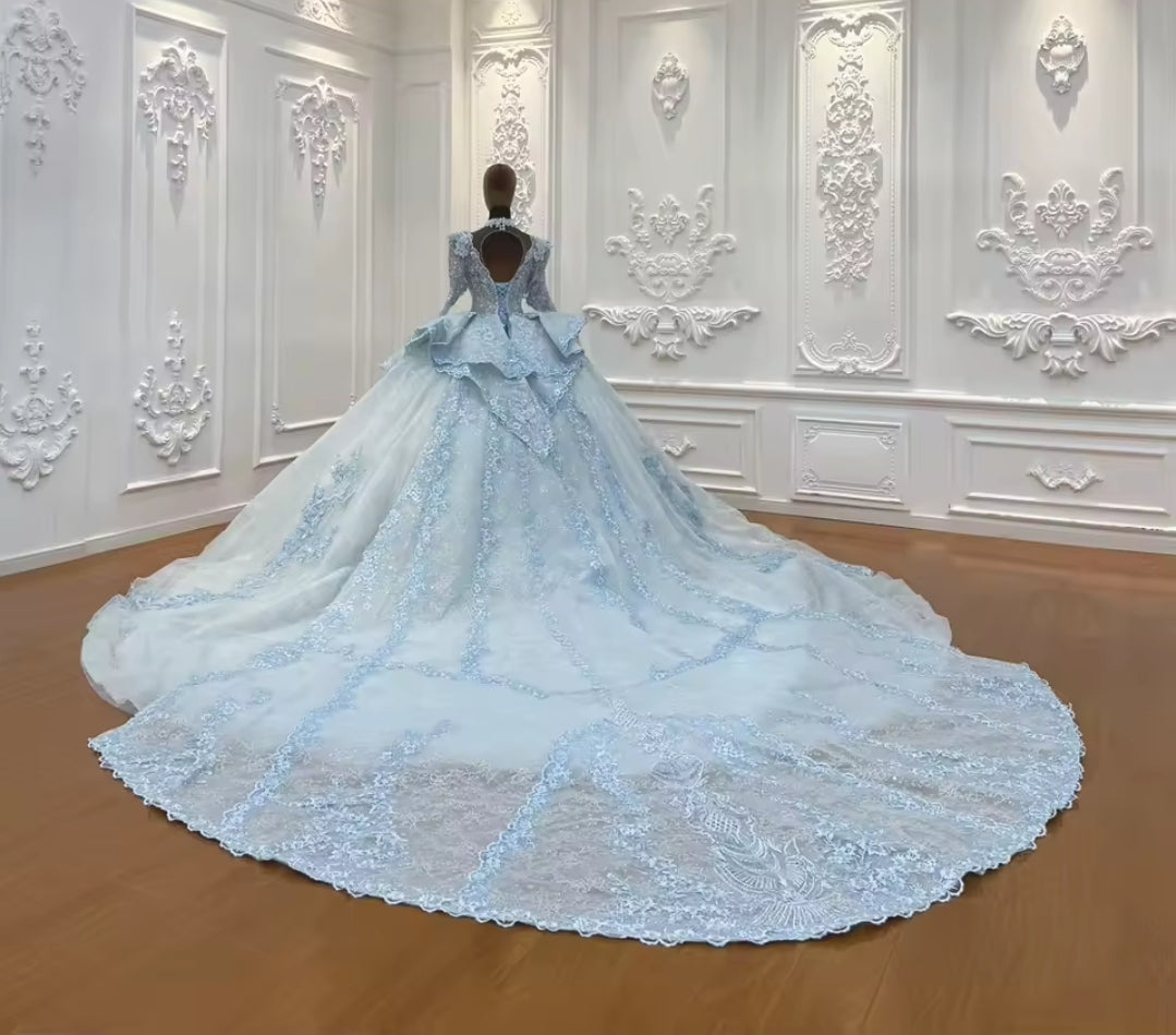 Immaculate 2025 Baby Blue Non-Traditional Long Sleeve Multi Beaded Draped Sweetheart Princess Bridal Ball Gown