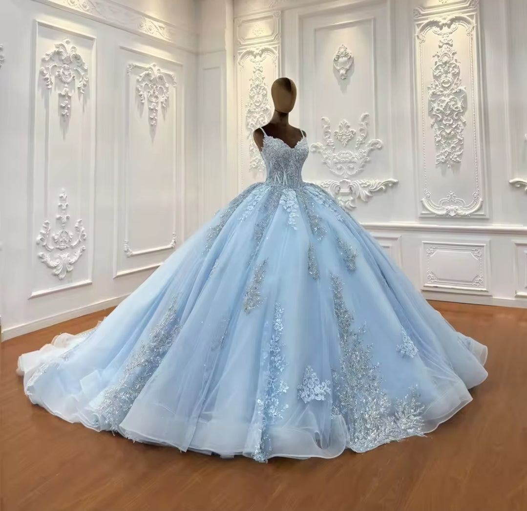 Sparkling Multi Beaded Non-Traditional Baby Blue Floral 2025 Bridal Ball Gown With Detachable Back Bow And Matching Cape