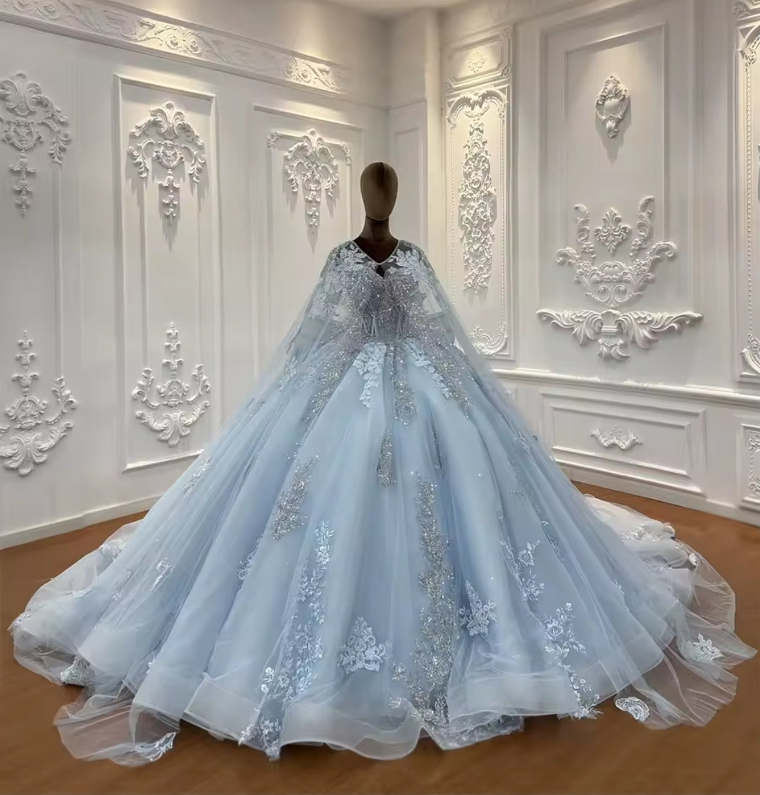 Sparkling Multi Beaded Non-Traditional Baby Blue Floral 2025 Bridal Ball Gown With Detachable Back Bow And Matching Cape