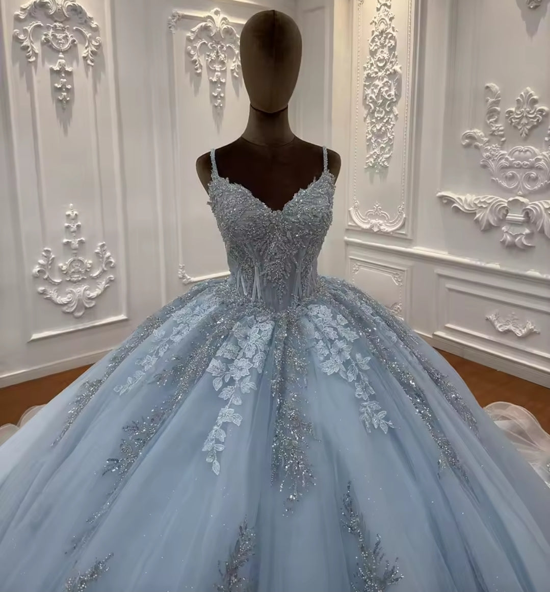 Sparkling Multi Beaded Non-Traditional Baby Blue Floral 2025 Bridal Ball Gown With Detachable Back Bow And Matching Cape