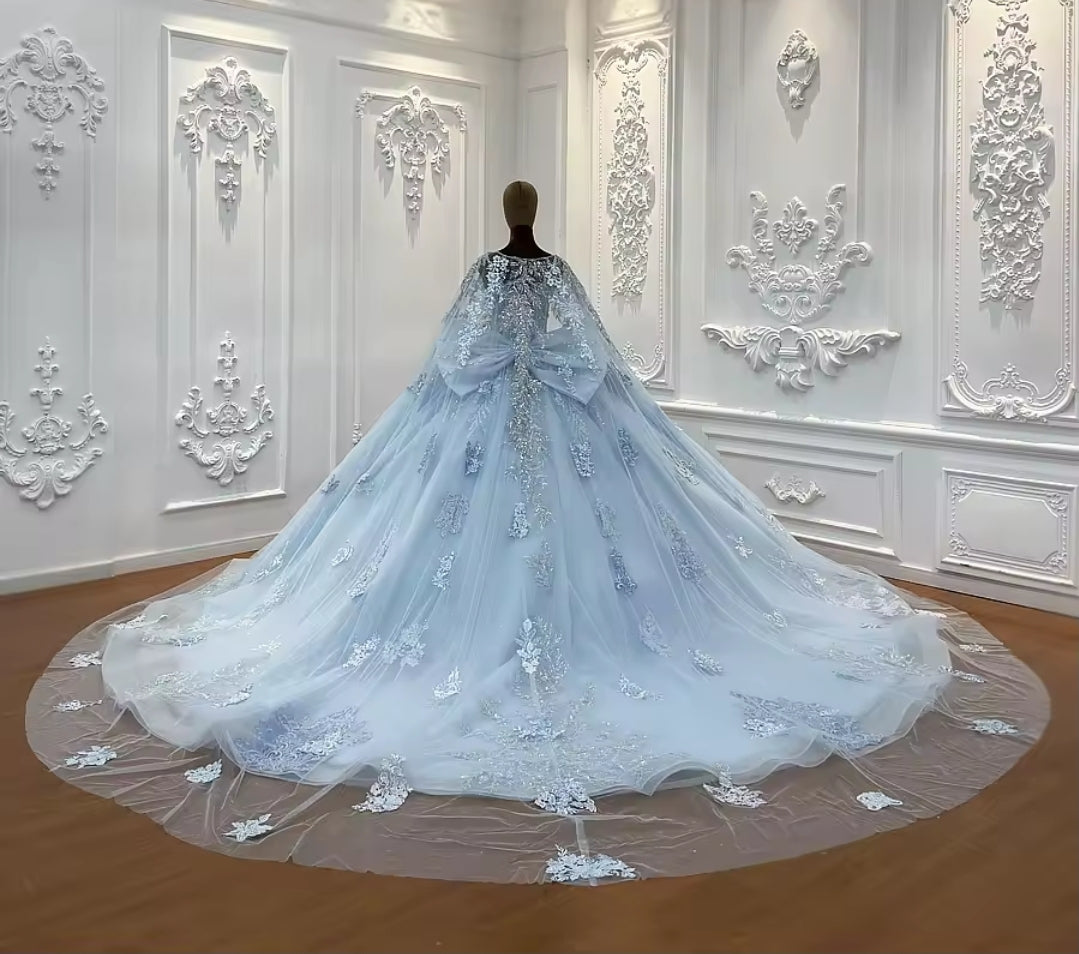 Sparkling Multi Beaded Non-Traditional Baby Blue Floral 2025 Bridal Ball Gown With Detachable Back Bow And Matching Cape