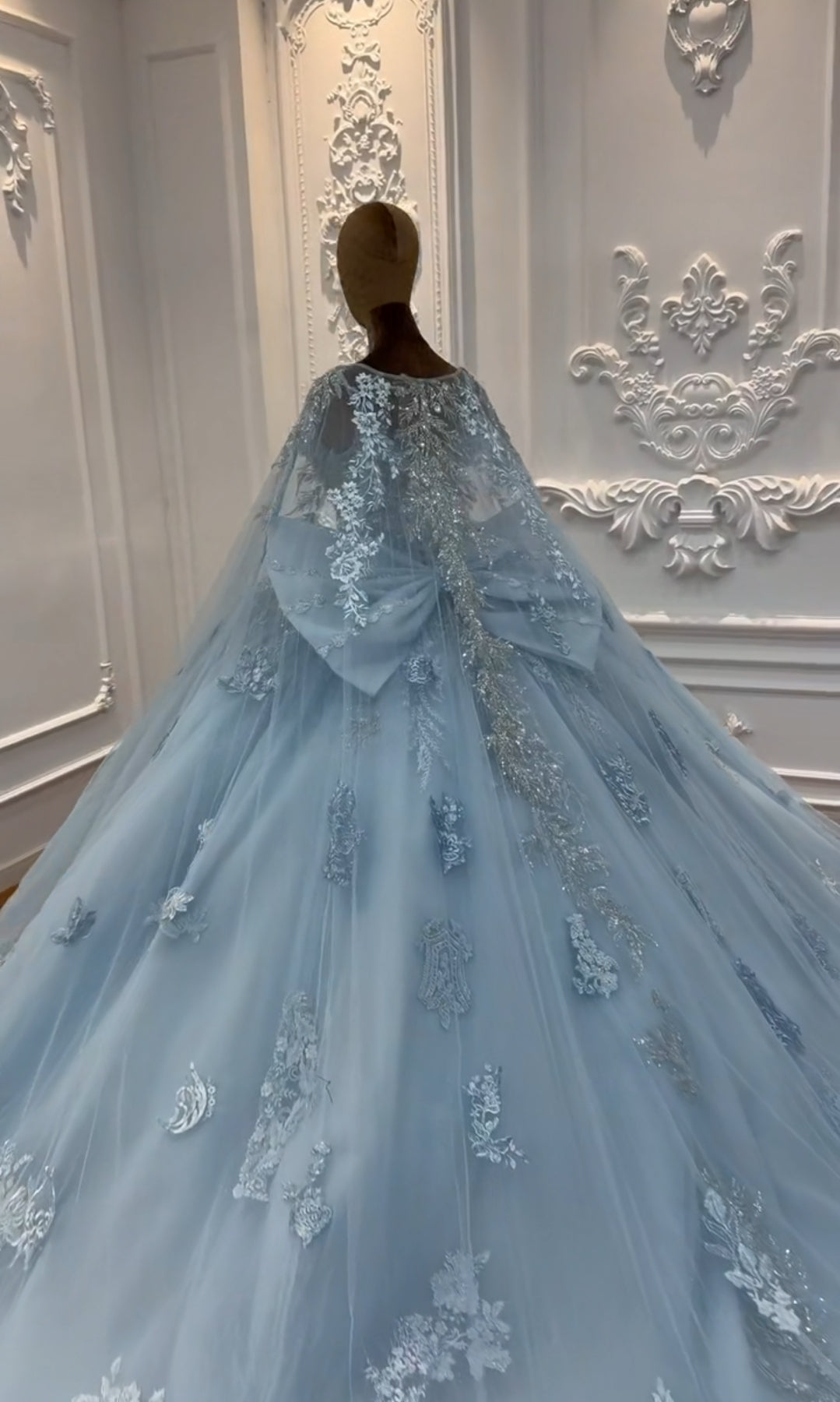 Sparkling Multi Beaded Non-Traditional Baby Blue Floral 2025 Bridal Ball Gown With Detachable Back Bow And Matching Cape
