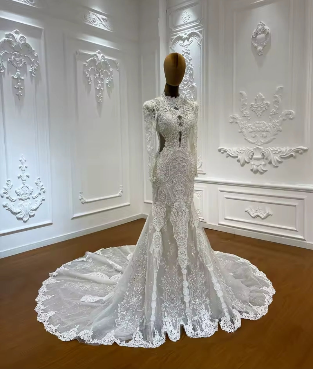 Beautiful 2025 Eye Lash Lace Pearl Beaded Mid Neck Long Sleeve Trumpet Bridal & Ceremonial Gown