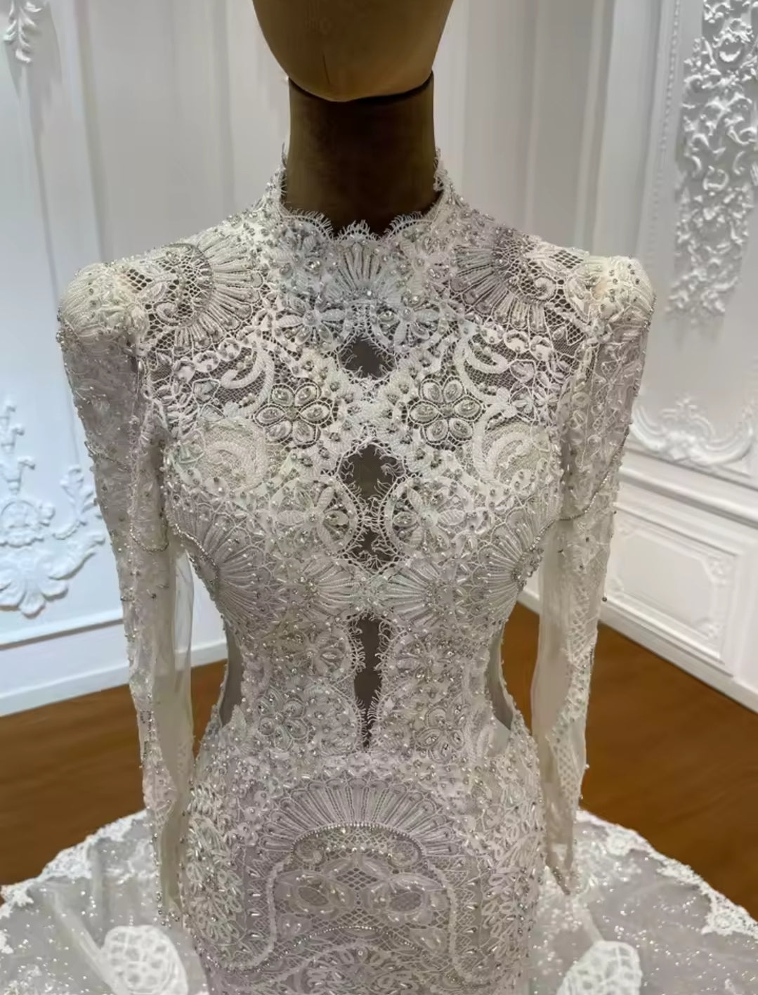 Beautiful 2025 Eye Lash Lace Pearl Beaded Mid Neck Long Sleeve Trumpet Bridal & Ceremonial Gown