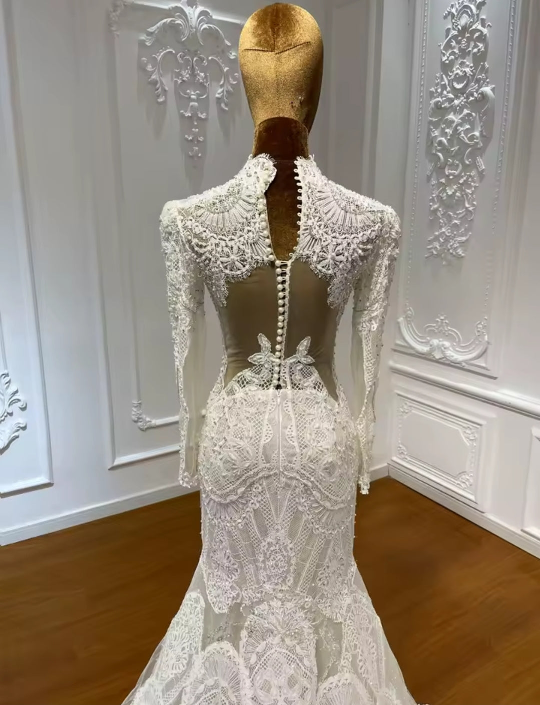 Beautiful 2025 Eye Lash Lace Pearl Beaded Mid Neck Long Sleeve Trumpet Bridal & Ceremonial Gown