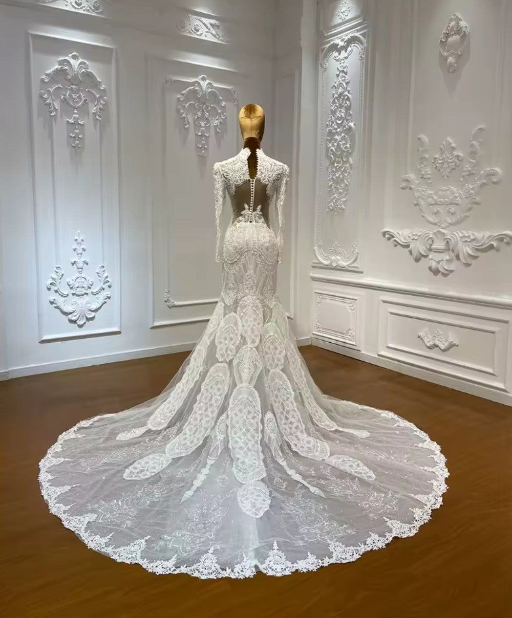 Beautiful 2025 Eye Lash Lace Pearl Beaded Mid Neck Long Sleeve Trumpet Bridal & Ceremonial Gown
