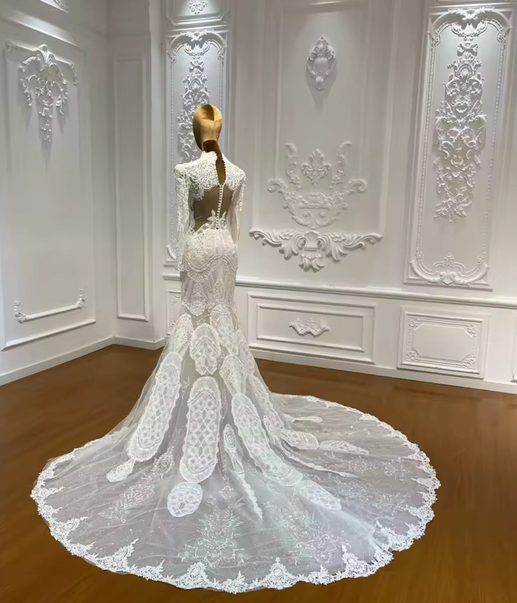Beautiful 2025 Eye Lash Lace Pearl Beaded Mid Neck Long Sleeve Trumpet Bridal & Ceremonial Gown