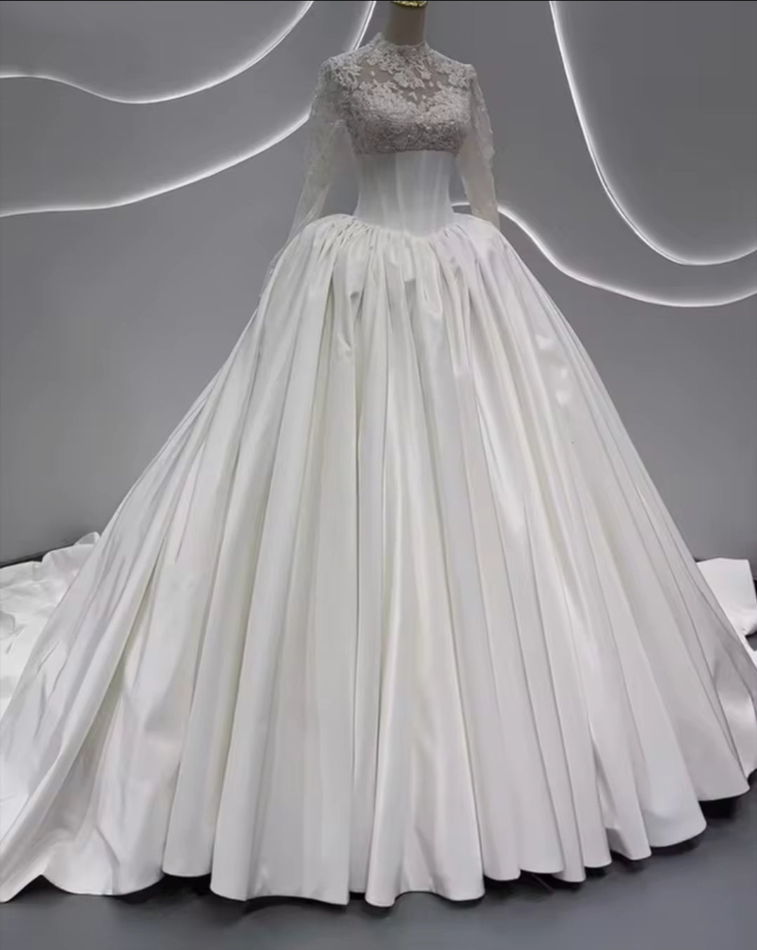 Long Sleeve Floral Lace Cinched Bodice A-Line Pleated Bridal Gown