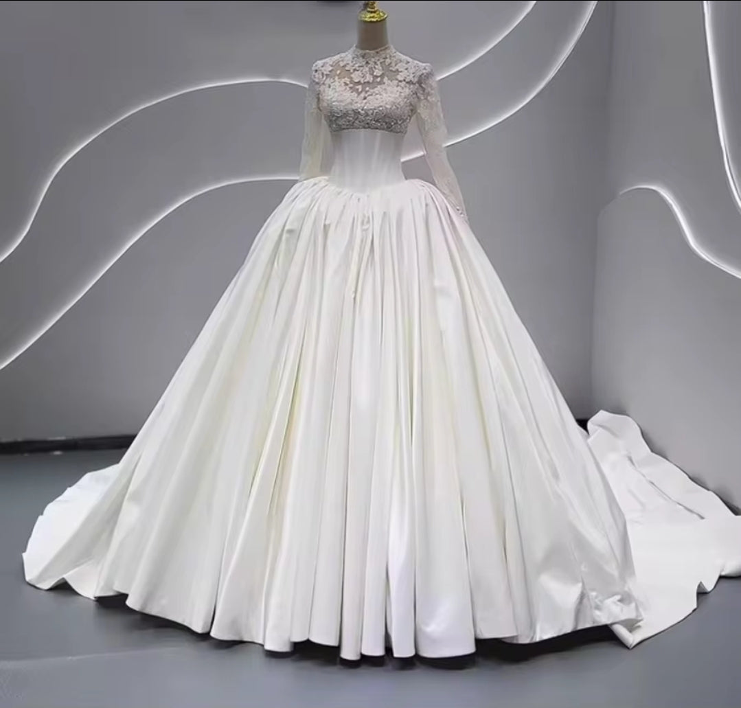 Long Sleeve Floral Lace Cinched Bodice A-Line Pleated Bridal Gown