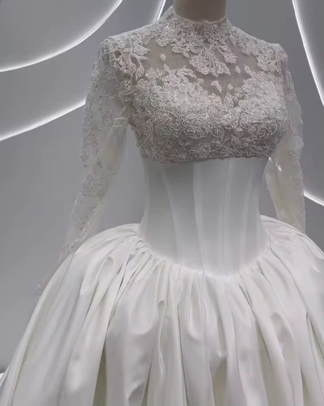 Long Sleeve Floral Lace Cinched Bodice A-Line Pleated Bridal Gown
