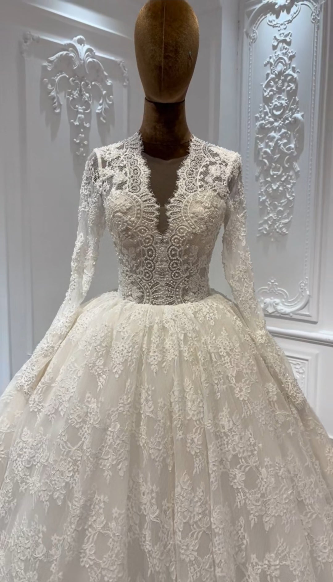 Plunging Neckline Long Sleeve Elegant Eyelash Lace Bridal & Ceremonial Gown