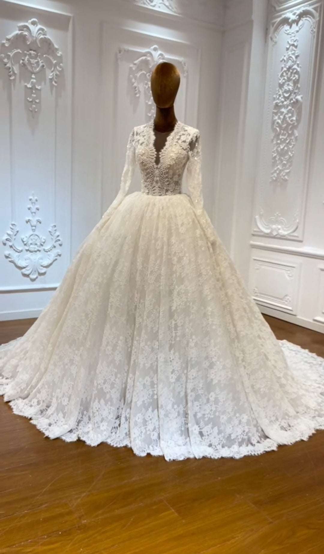 Plunging Neckline Long Sleeve Elegant Eyelash Lace Bridal & Ceremonial Gown
