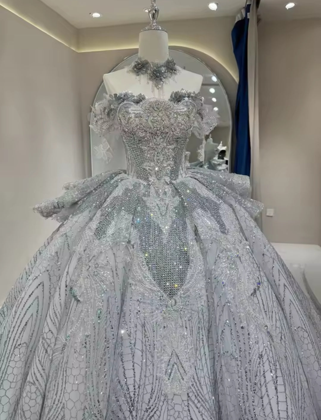Spectacular Shimmering And Sparkling Throughout Draped Floral Appliqués Off The Shoulder Multi Beaded And Embellished Bodice A-Line Princess Bridal Gown With Gorgeous Neck Piece