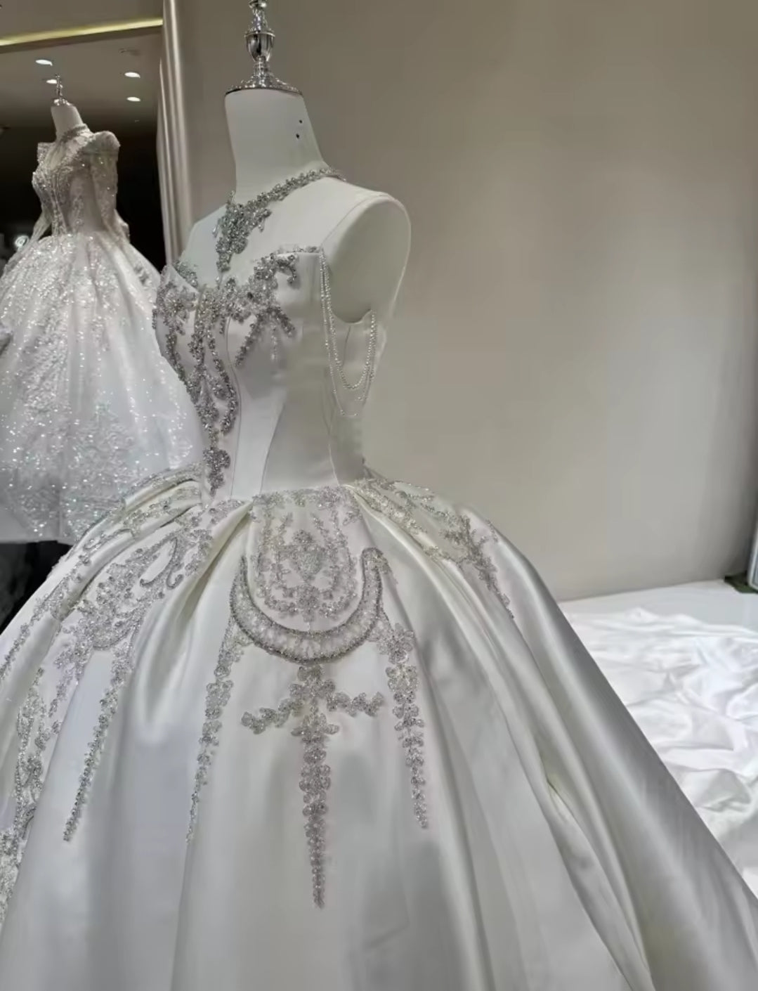 Multi Beaded Draped Off The Shoulder Sweet Princess Multi Embellished Corset Waistline Bridal And Ceremonial Gown With Neck Piece