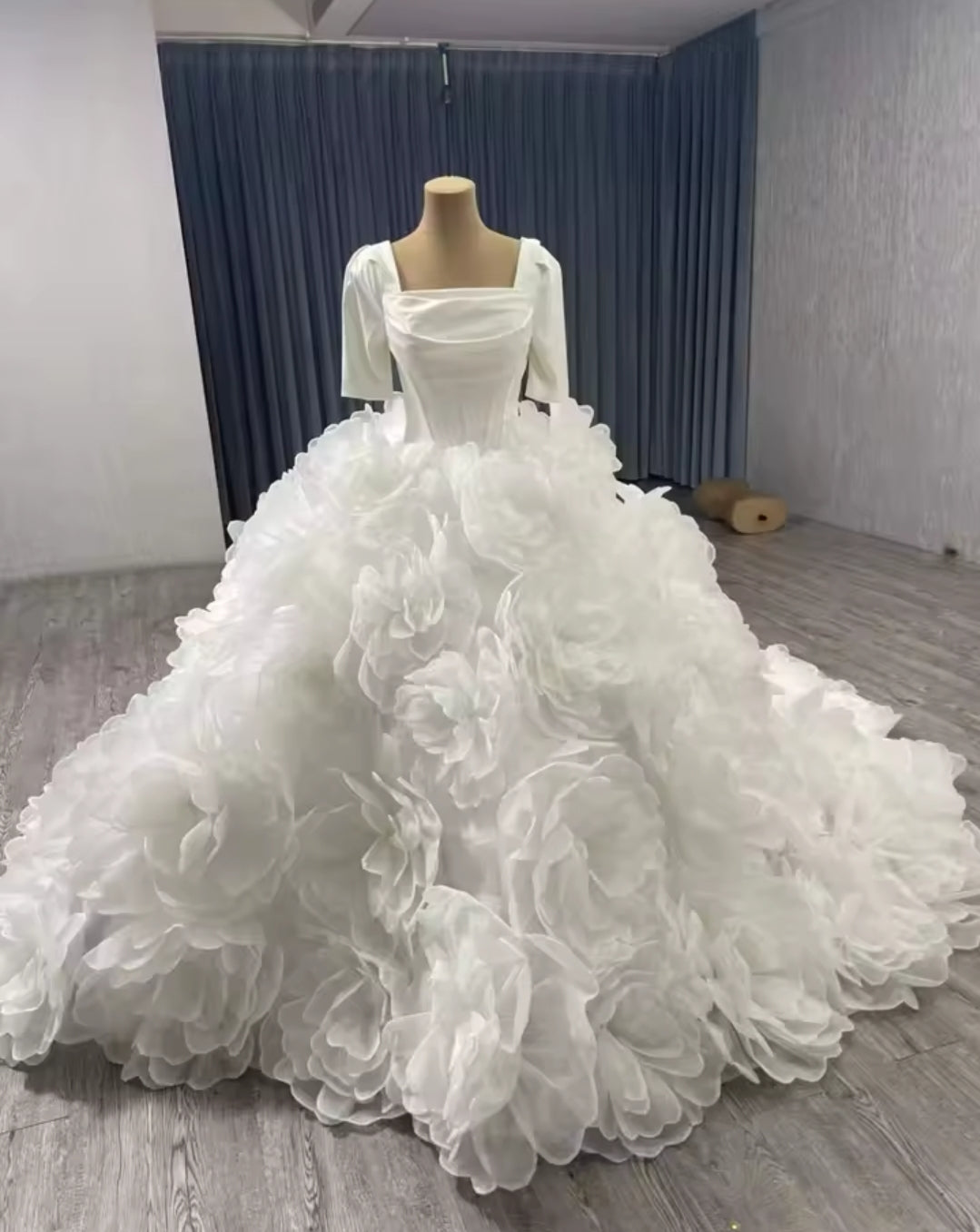Half Sleeve Satin Pleated Corset Gown With Oversized Flower Skirt With Beautiful Matching Veil Included