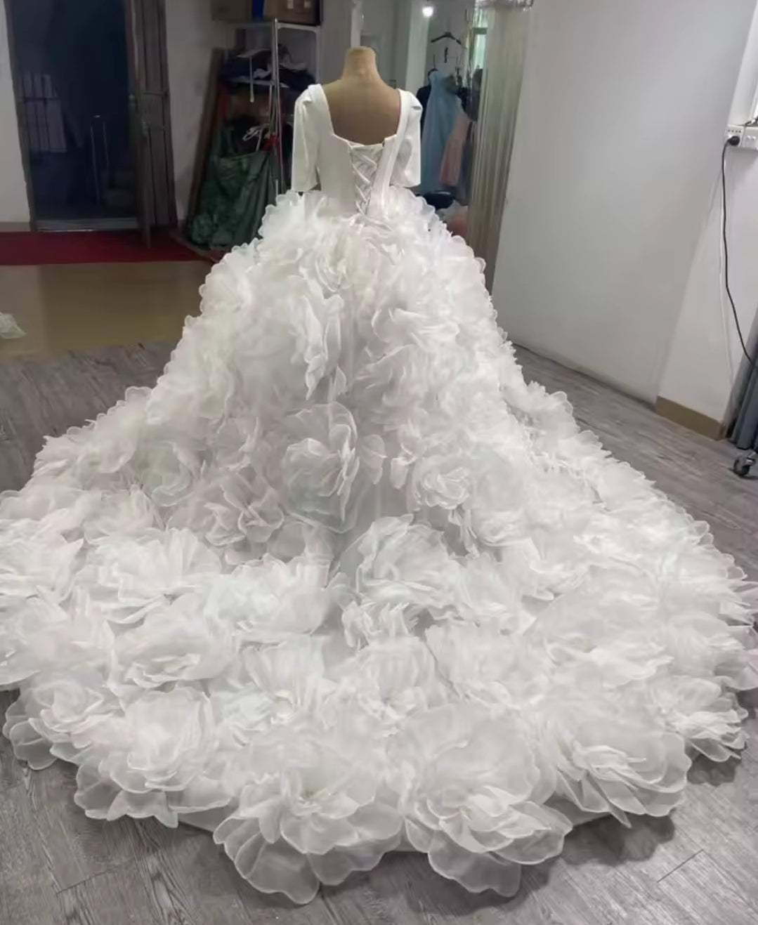 Half Sleeve Satin Pleated Corset Gown With Oversized Flower Skirt With Beautiful Matching Veil Included