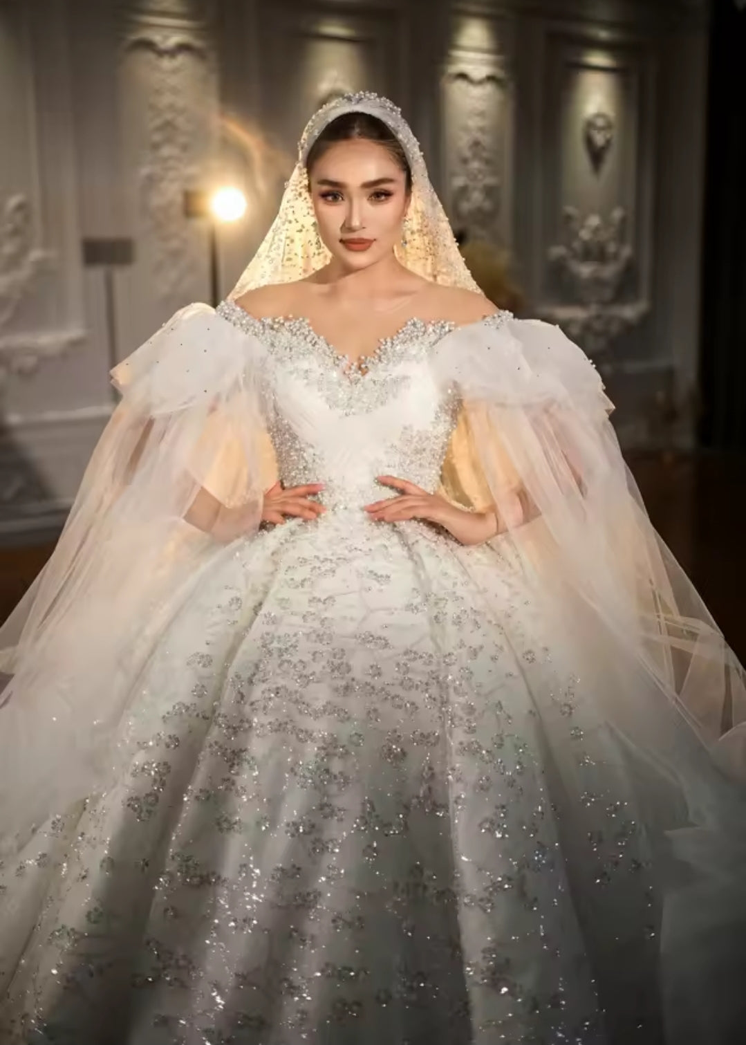 Illusion Off The Shoulder Puff Train Sleeves Beautiful Scattered Multi Beaded Sweetheart Princess Bridal Ball Gown With 100cm Train