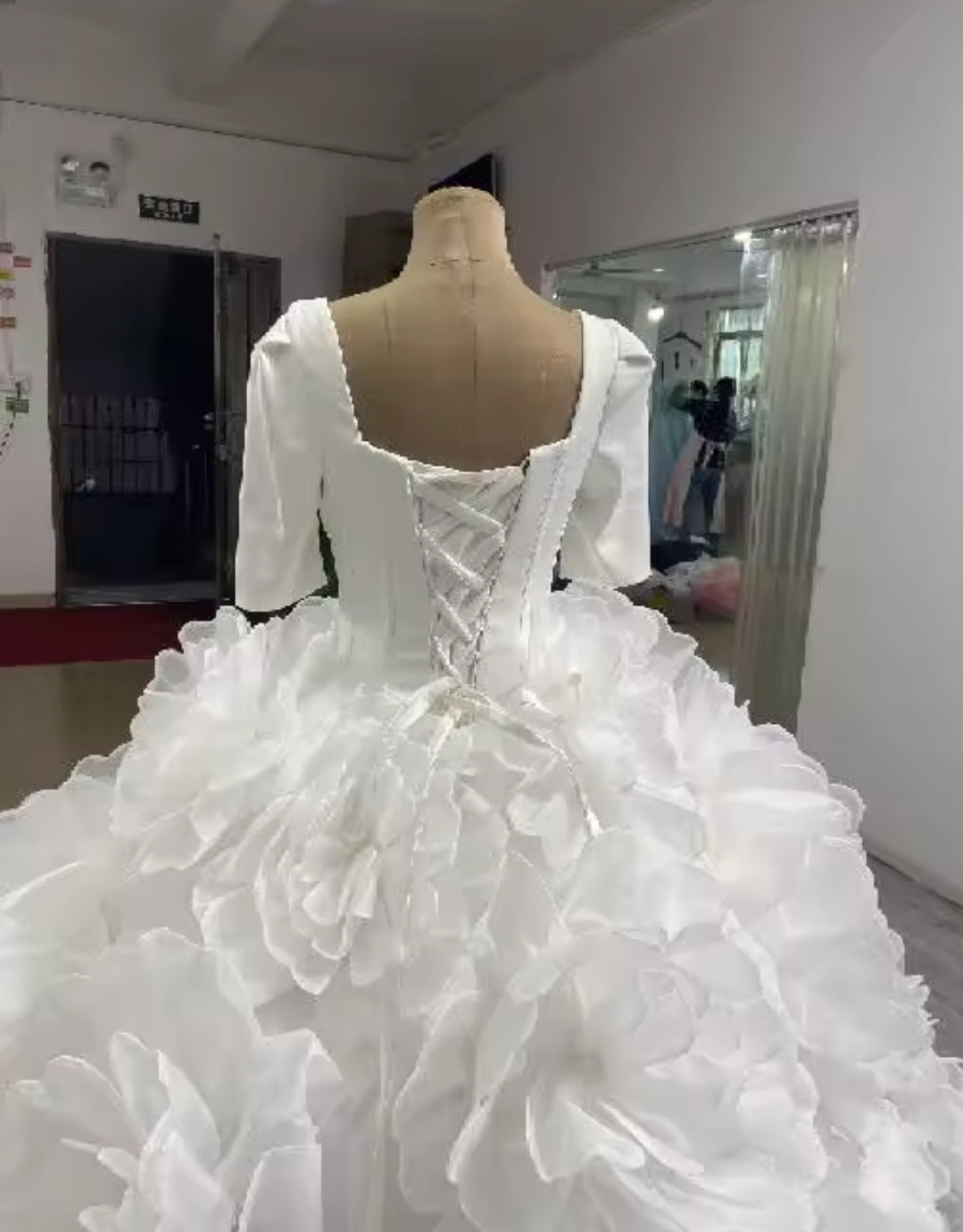 Half Sleeve Satin Pleated Corset Gown With Oversized Flower Skirt With Beautiful Matching Veil Included