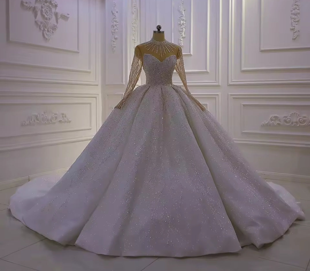 Long Sleeve Illusion Multi Beaded Hanging Sweetheart Mid Neck Shimmering Princess Bridal Gown