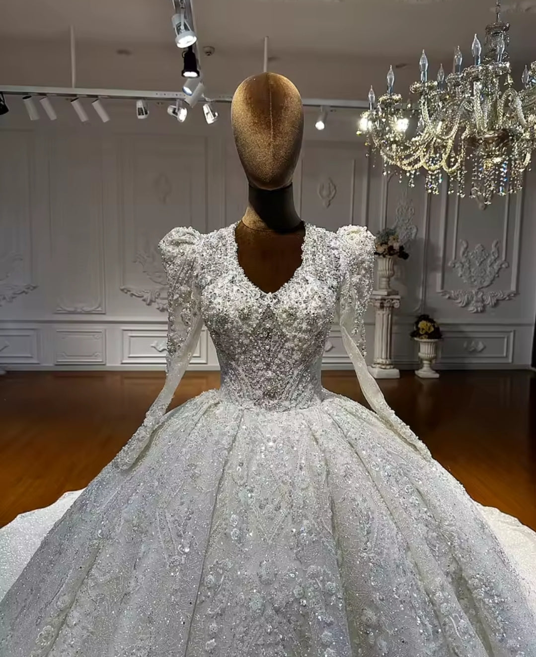 2025 Floral Lace And 3D Floral Motiff Multi Beaded Long Sleeve With Open Back Lace Up Victorian Style Bridal Gown
