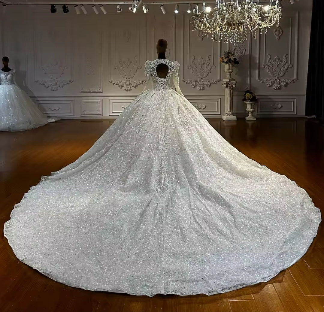 2025 Floral Lace And 3D Floral Motiff Multi Beaded Long Sleeve With Open Back Lace Up Victorian Style Bridal Gown