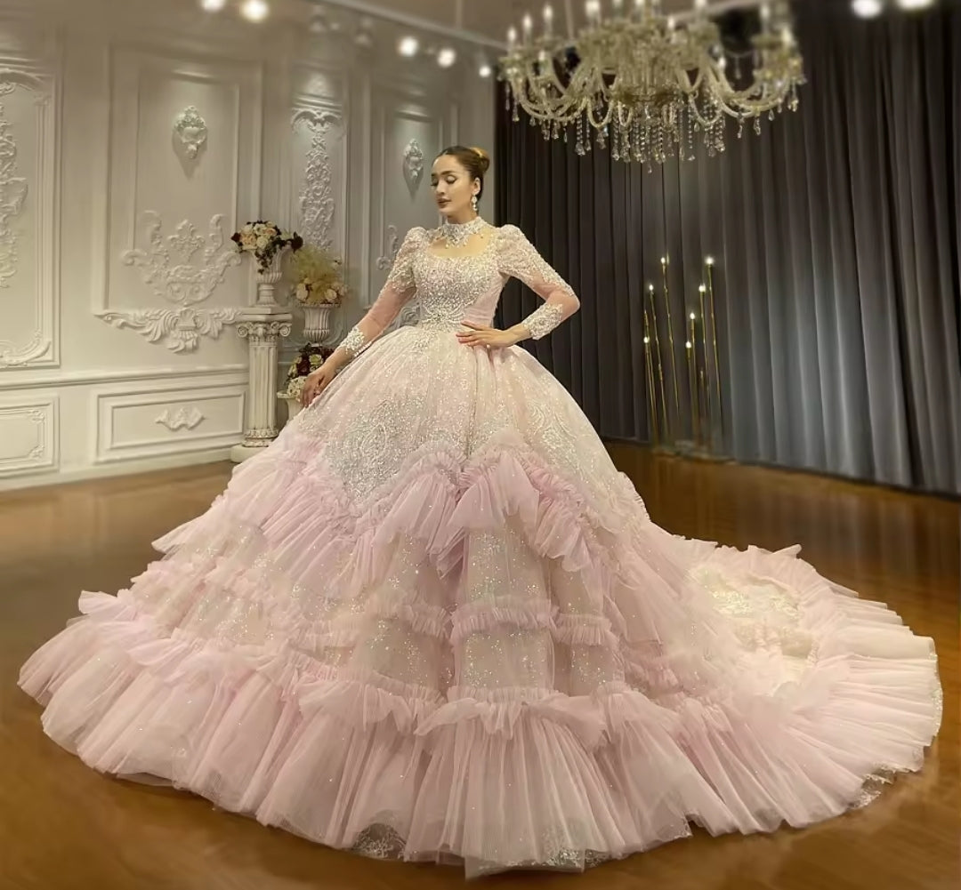 Sweet Pink Mid Neck Lace & Ruffles 2025 Non-Traditional Bridal Ball Gown