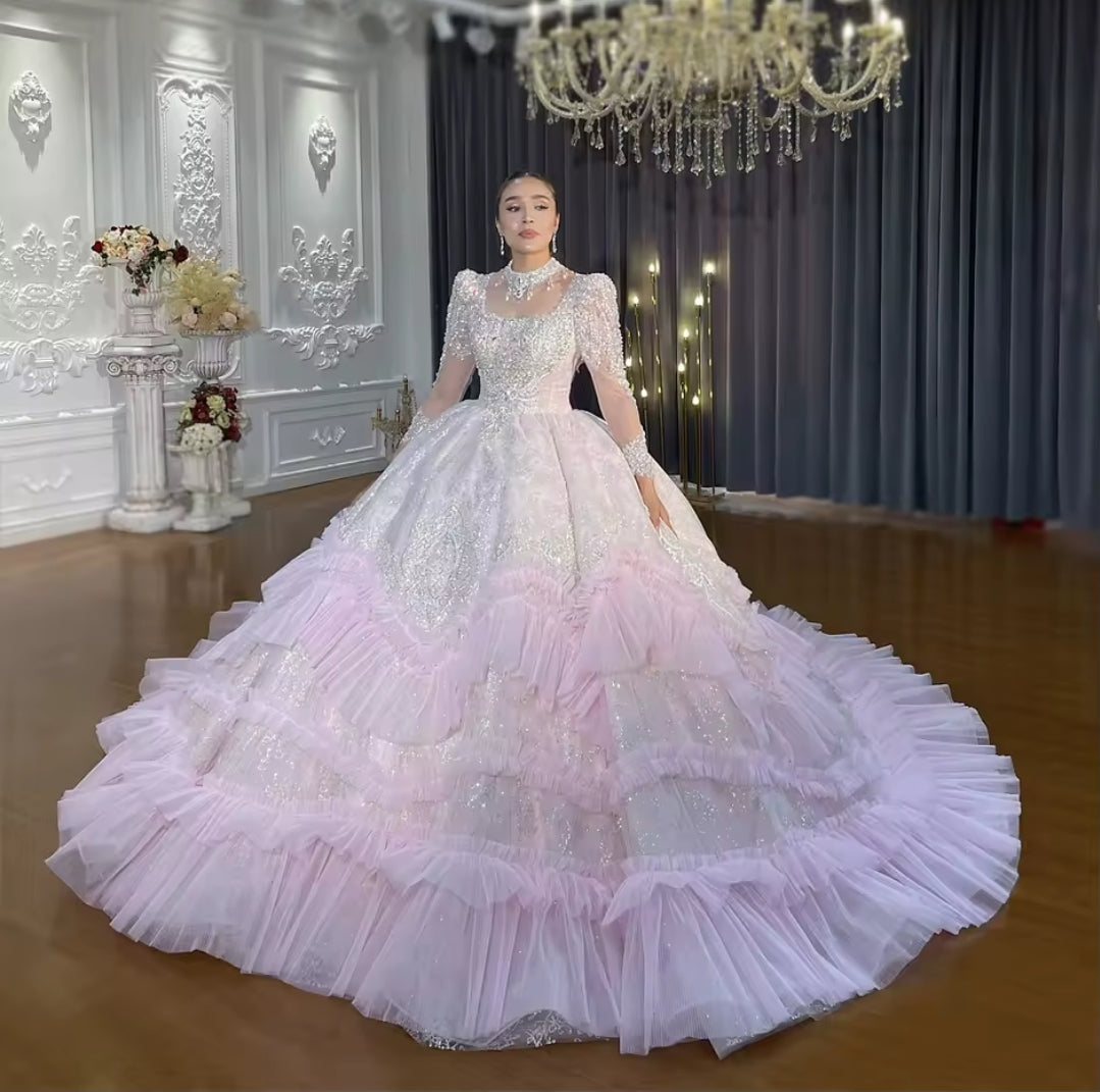 Sweet Pink Mid Neck Lace & Ruffles 2025 Non-Traditional Bridal Ball Gown