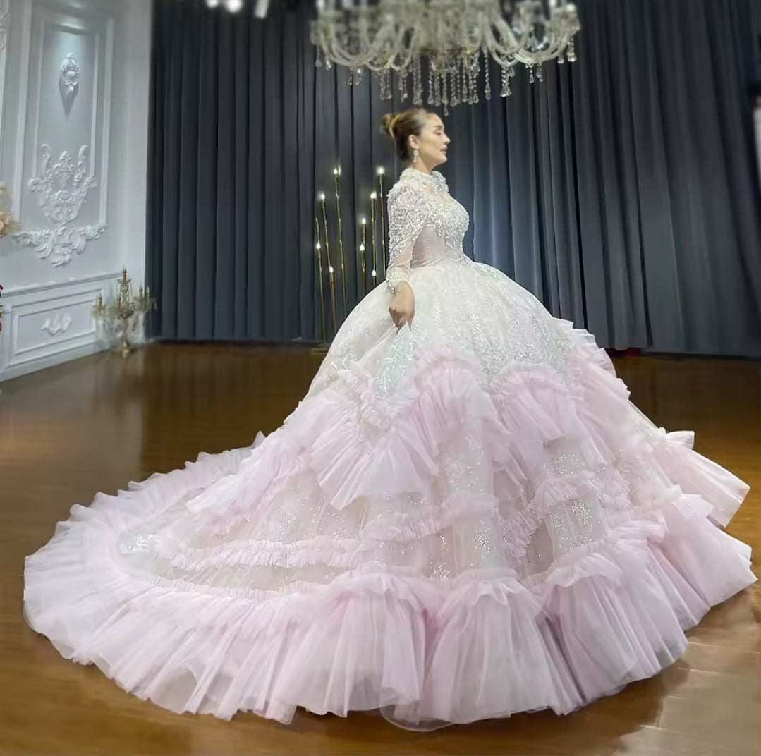 Sweet Pink Mid Neck Lace & Ruffles 2025 Non-Traditional Bridal Ball Gown