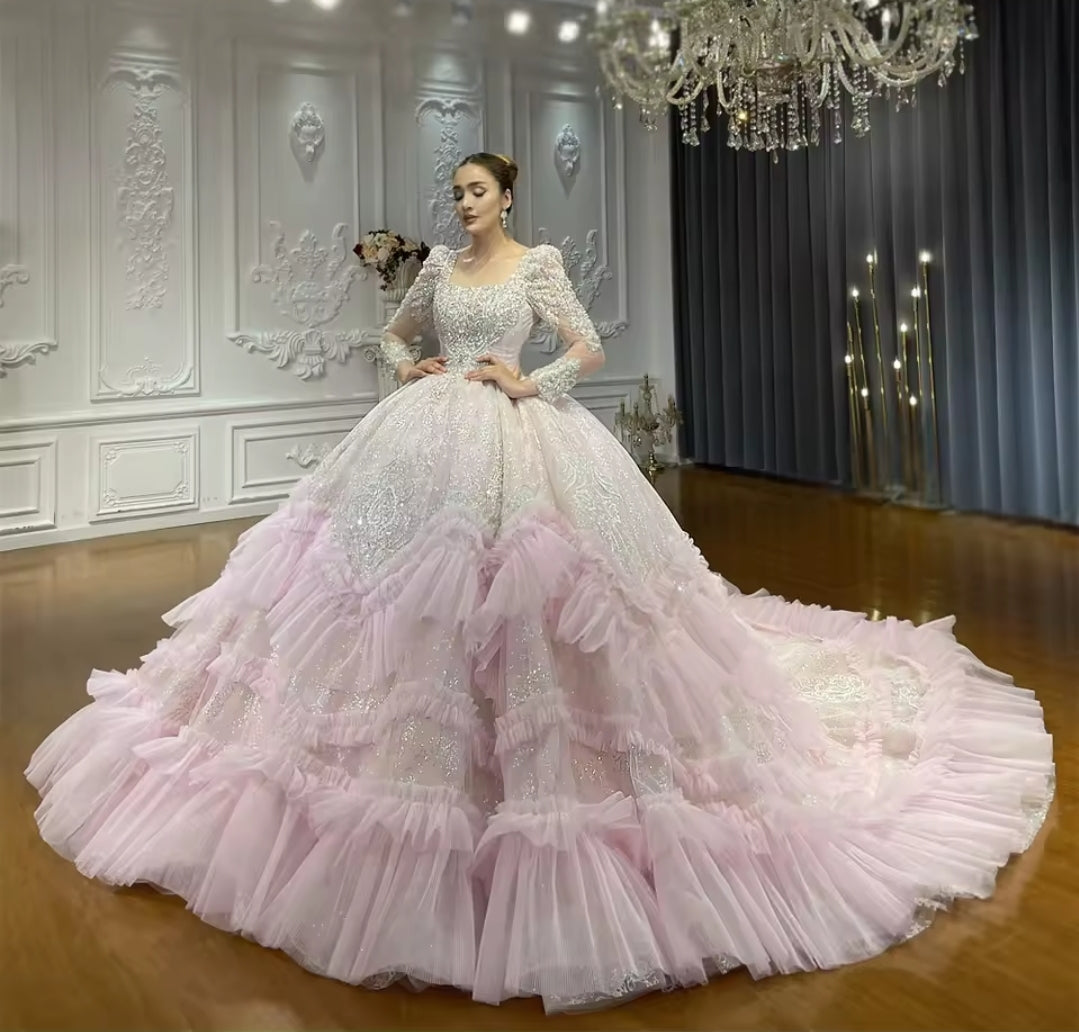 Sweet Pink Mid Neck Lace & Ruffles 2025 Non-Traditional Bridal Ball Gown