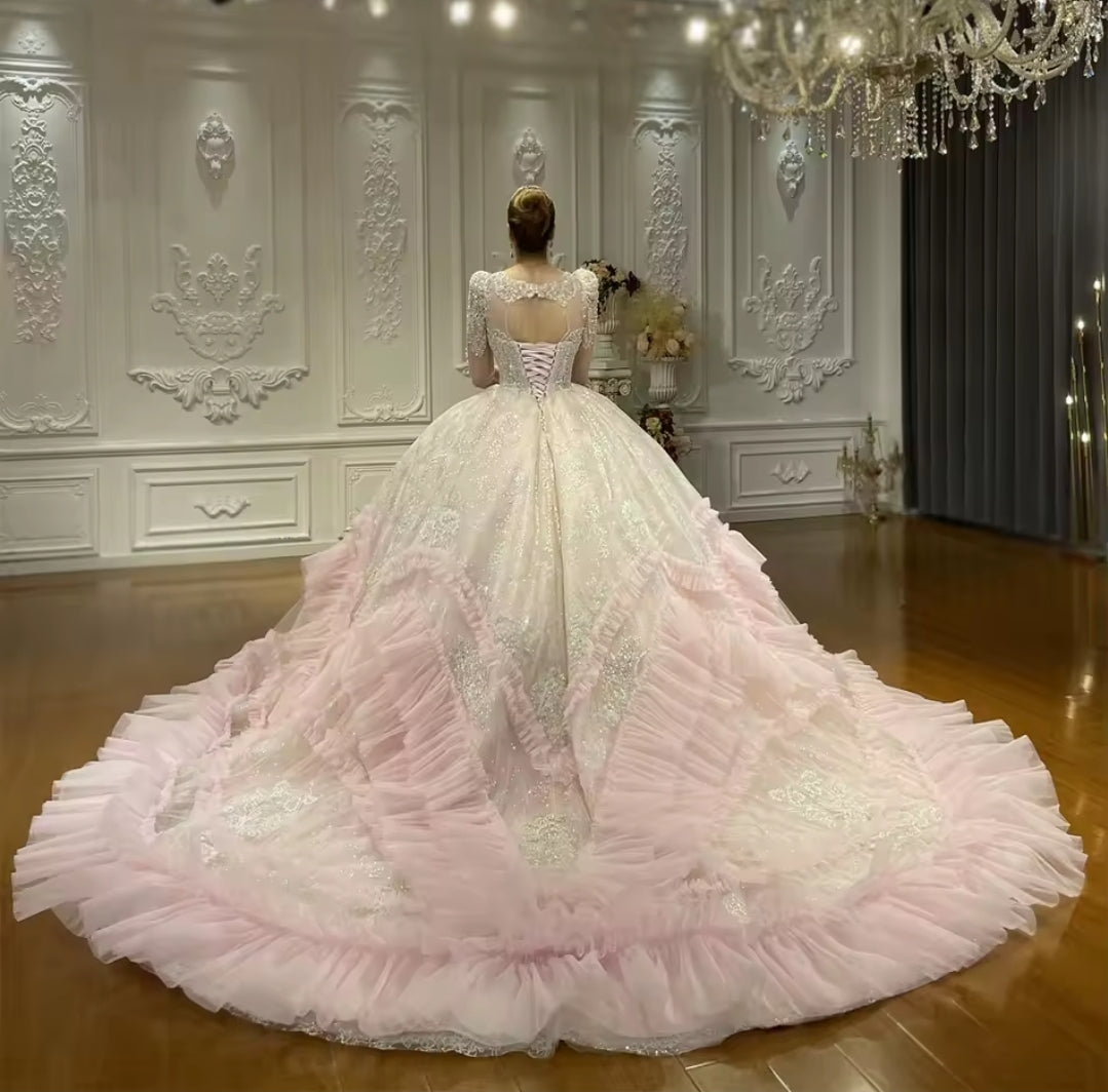 Sweet Pink Mid Neck Lace & Ruffles 2025 Non-Traditional Bridal Ball Gown