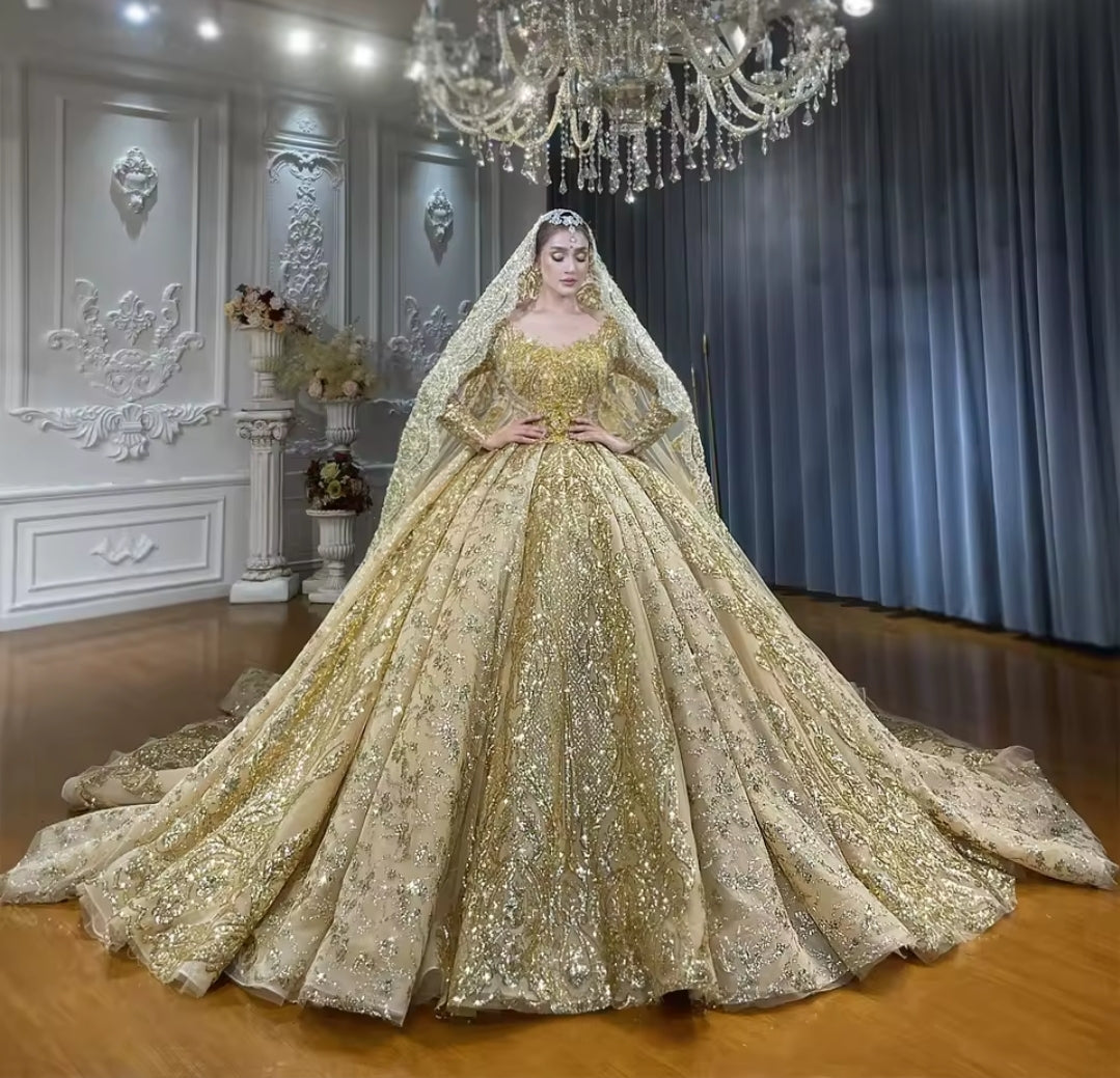 Sparkling Golden Non-Traditional Illusion V Neck Princess Bridal Ball Gown
