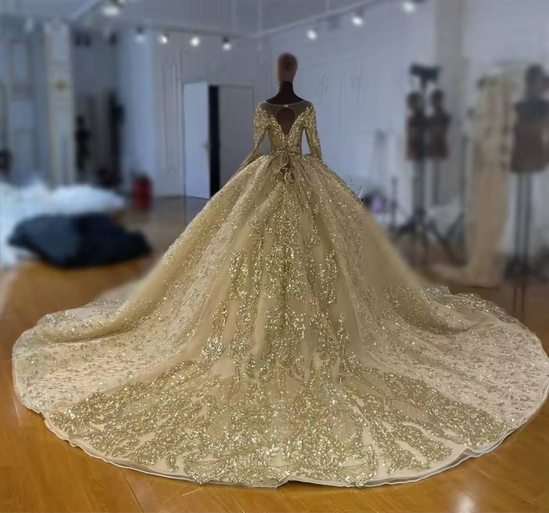 Sparkling Golden Non-Traditional Illusion V Neck Princess Bridal Ball Gown