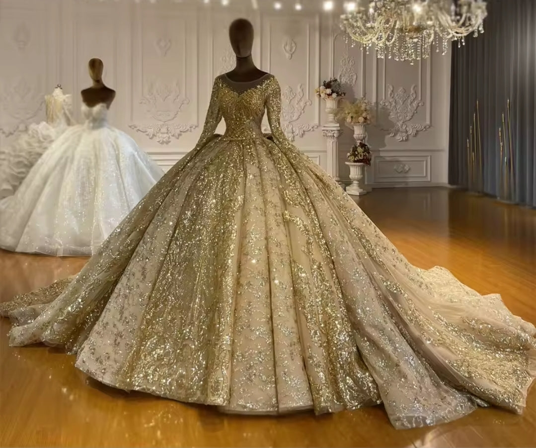 Sparkling Golden Non-Traditional Illusion V Neck Princess Bridal Ball Gown