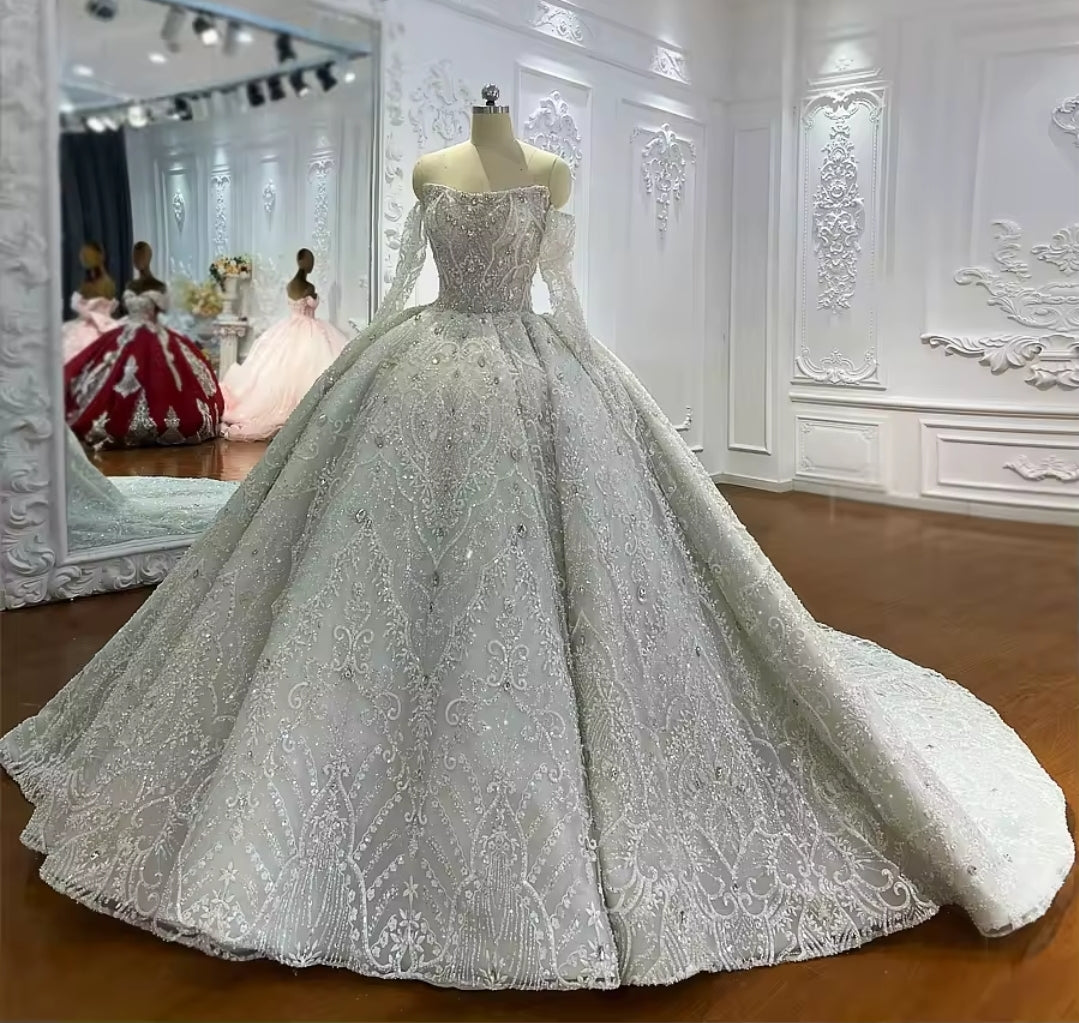 Gorgeous Multi Beaded Embellished Lace And Sequin Strapless Scoop Neck Bridal Gown With Detached 3/4 Sleeves