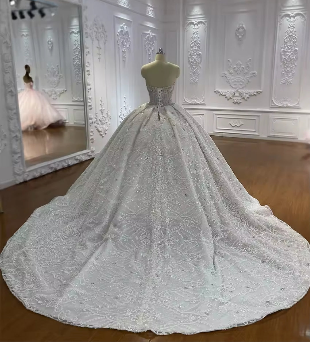 Gorgeous Multi Beaded Embellished Lace And Sequin Strapless Scoop Neck Bridal Gown With Detached 3/4 Sleeves