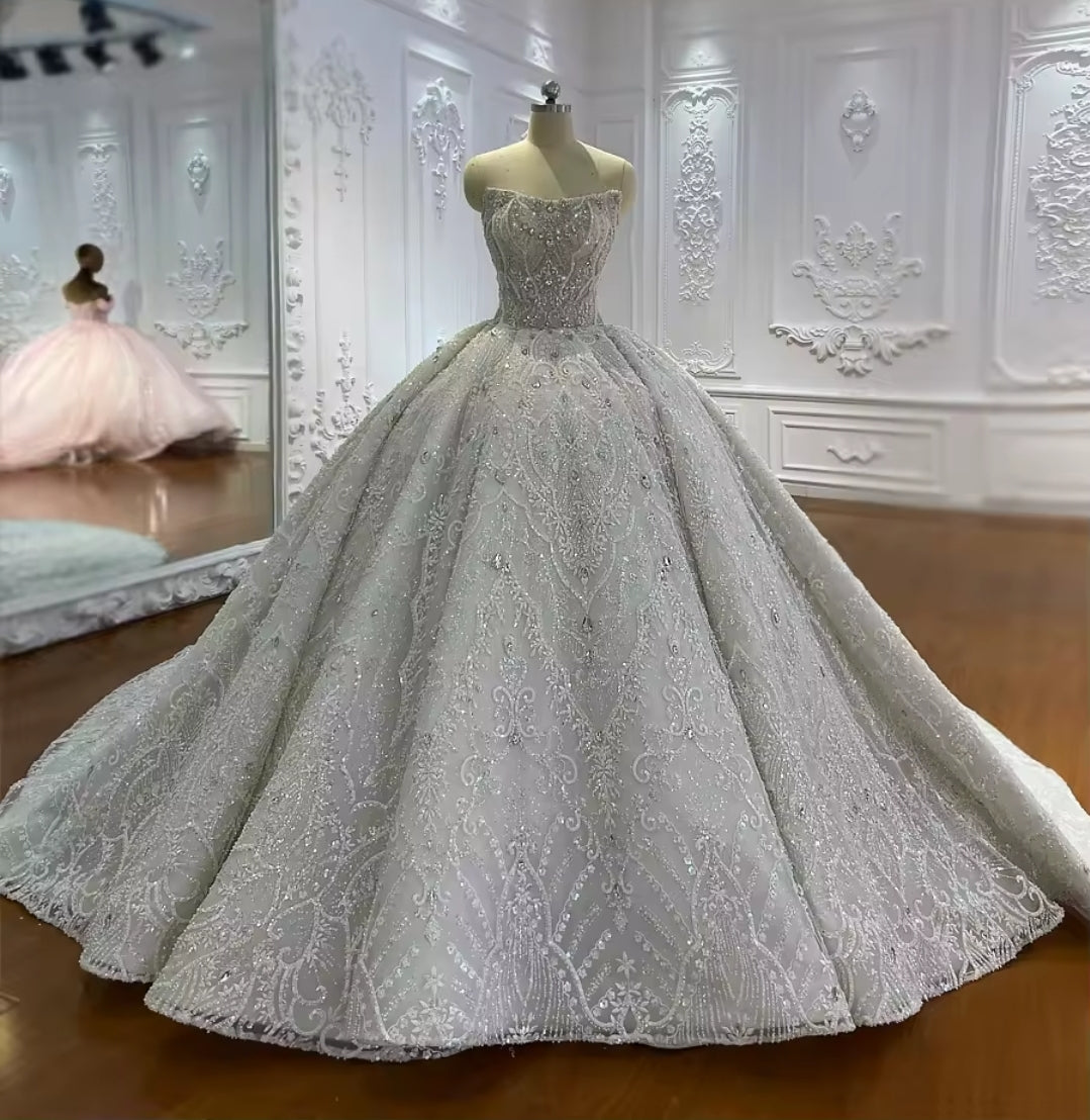 Gorgeous Multi Beaded Embellished Lace And Sequin Strapless Scoop Neck Bridal Gown With Detached 3/4 Sleeves