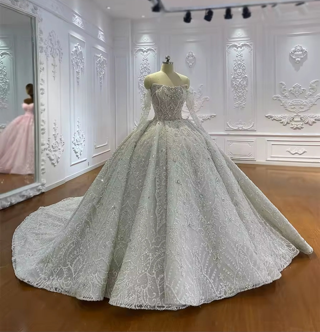 Gorgeous Multi Beaded Embellished Lace And Sequin Strapless Scoop Neck Bridal Gown With Detached 3/4 Sleeves