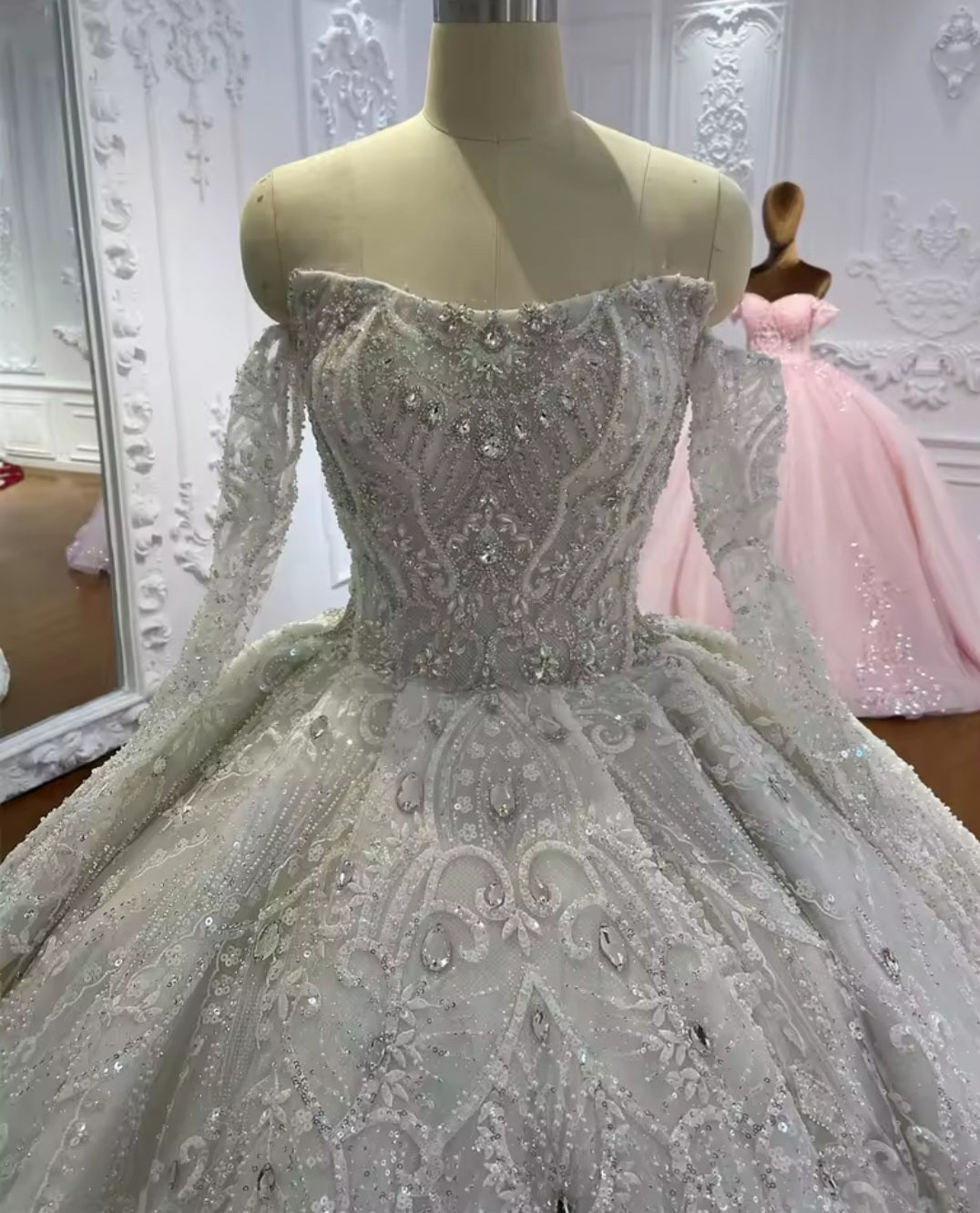 Gorgeous Multi Beaded Embellished Lace And Sequin Strapless Scoop Neck Bridal Gown With Detached 3/4 Sleeves