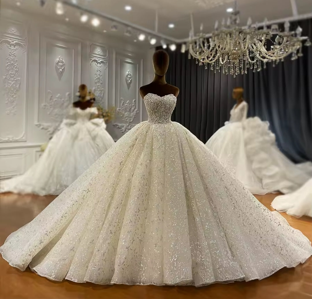 2025 Strapless Elegant Pearl And Multi Beaded Bodice With Shimmering Lace Skirt Bridal Ball Gown With Matching Detached Sleeves