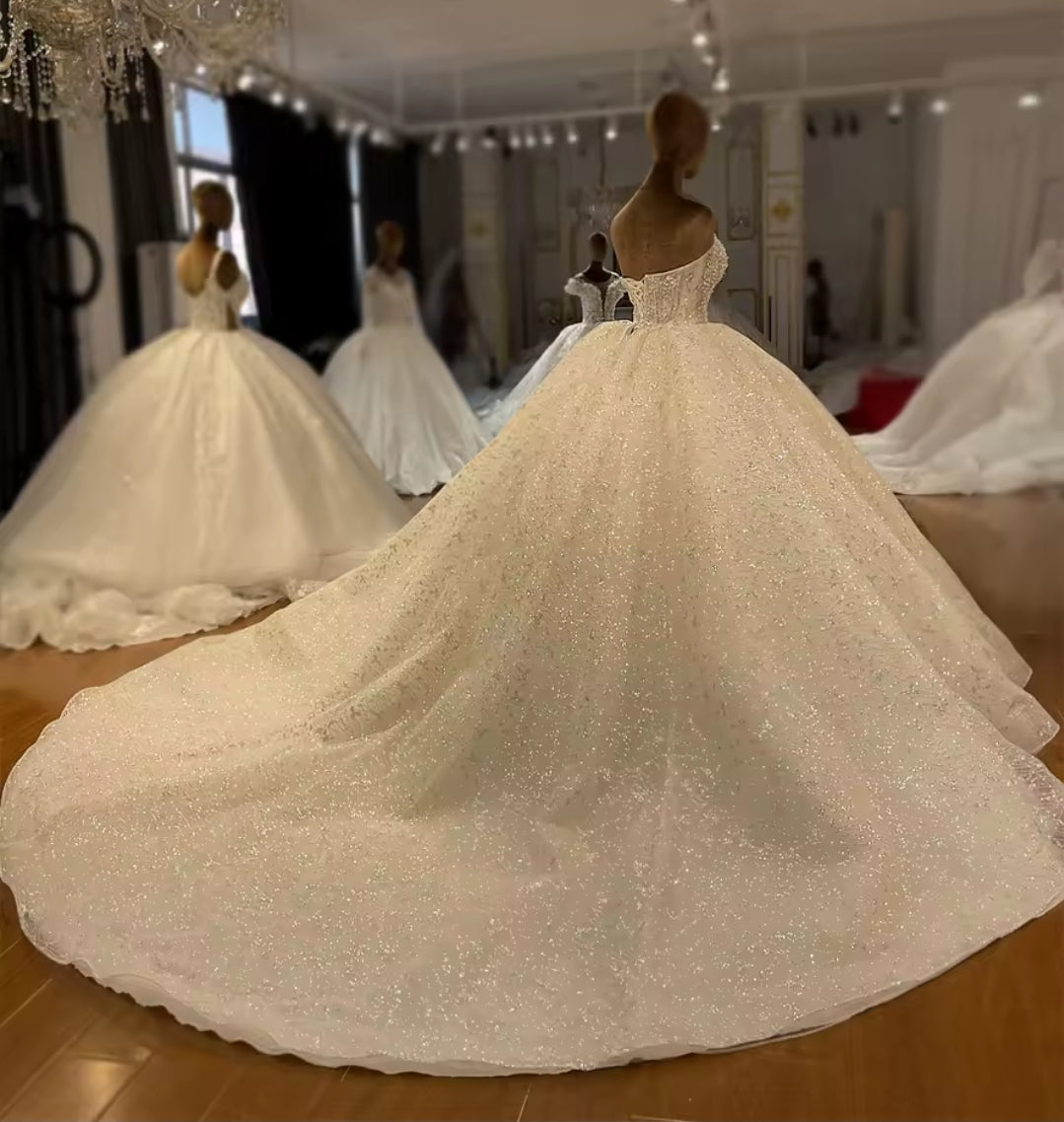 2025 Strapless Elegant Pearl And Multi Beaded Bodice With Shimmering Lace Skirt Bridal Ball Gown With Matching Detached Sleeves