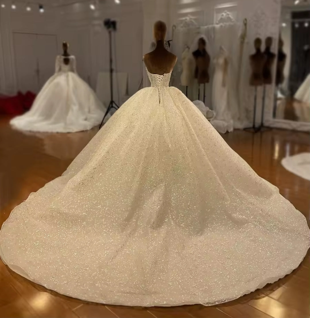 2025 Strapless Elegant Pearl And Multi Beaded Bodice With Shimmering Lace Skirt Bridal Ball Gown With Matching Detached Sleeves