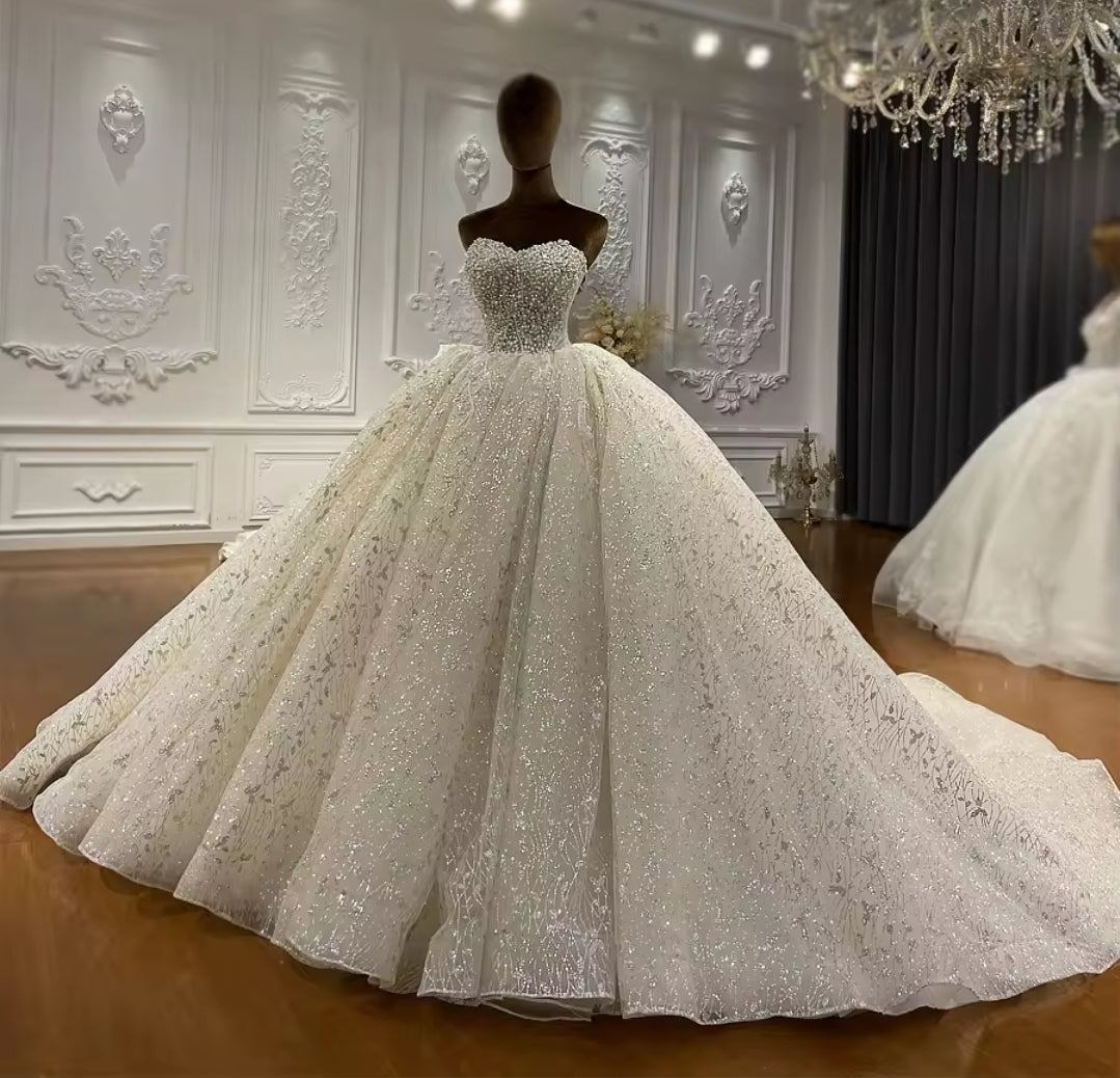 2025 Strapless Elegant Pearl And Multi Beaded Bodice With Shimmering Lace Skirt Bridal Ball Gown With Matching Detached Sleeves