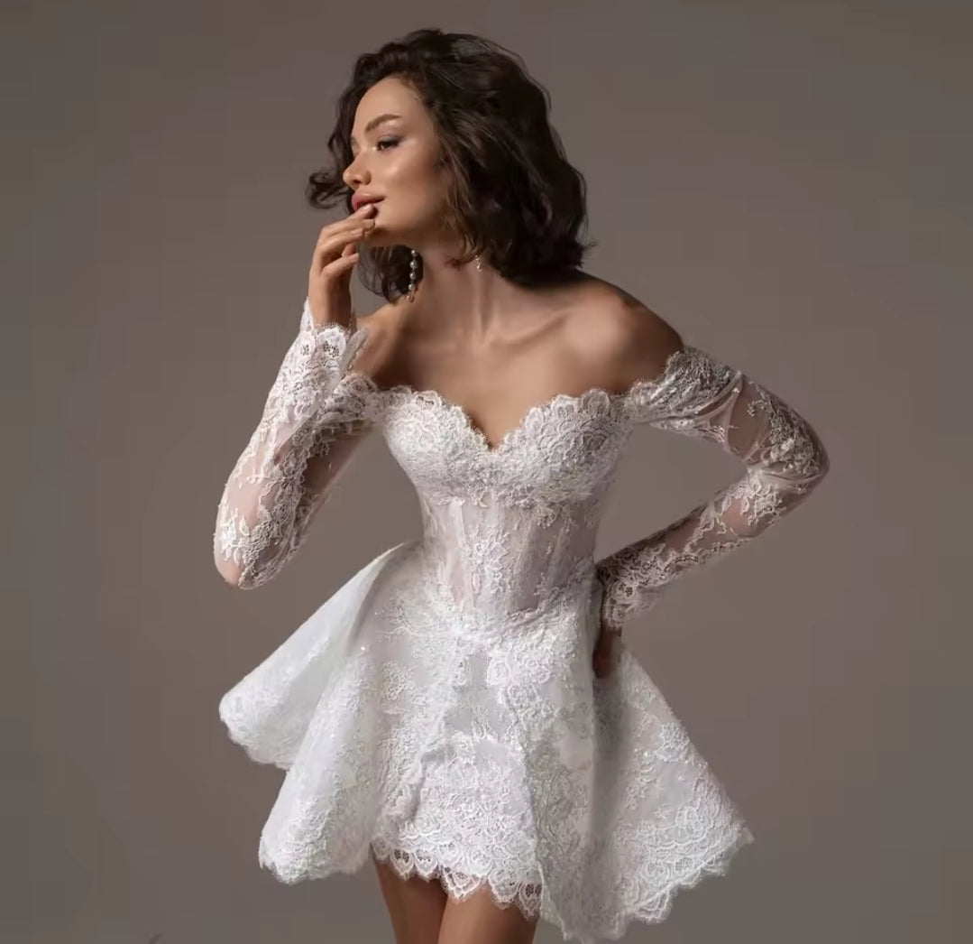 Precious Eyelash Lace Off The Shoulder Long Sleeve Above The Knee Mini Bridal And Ceremonial Dress