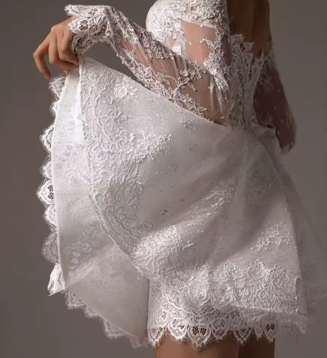 Precious Eyelash Lace Off The Shoulder Long Sleeve Above The Knee Mini Bridal And Ceremonial Dress