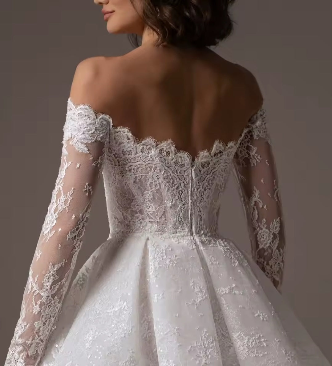 Precious Eyelash Lace Off The Shoulder Long Sleeve Above The Knee Mini Bridal And Ceremonial Dress