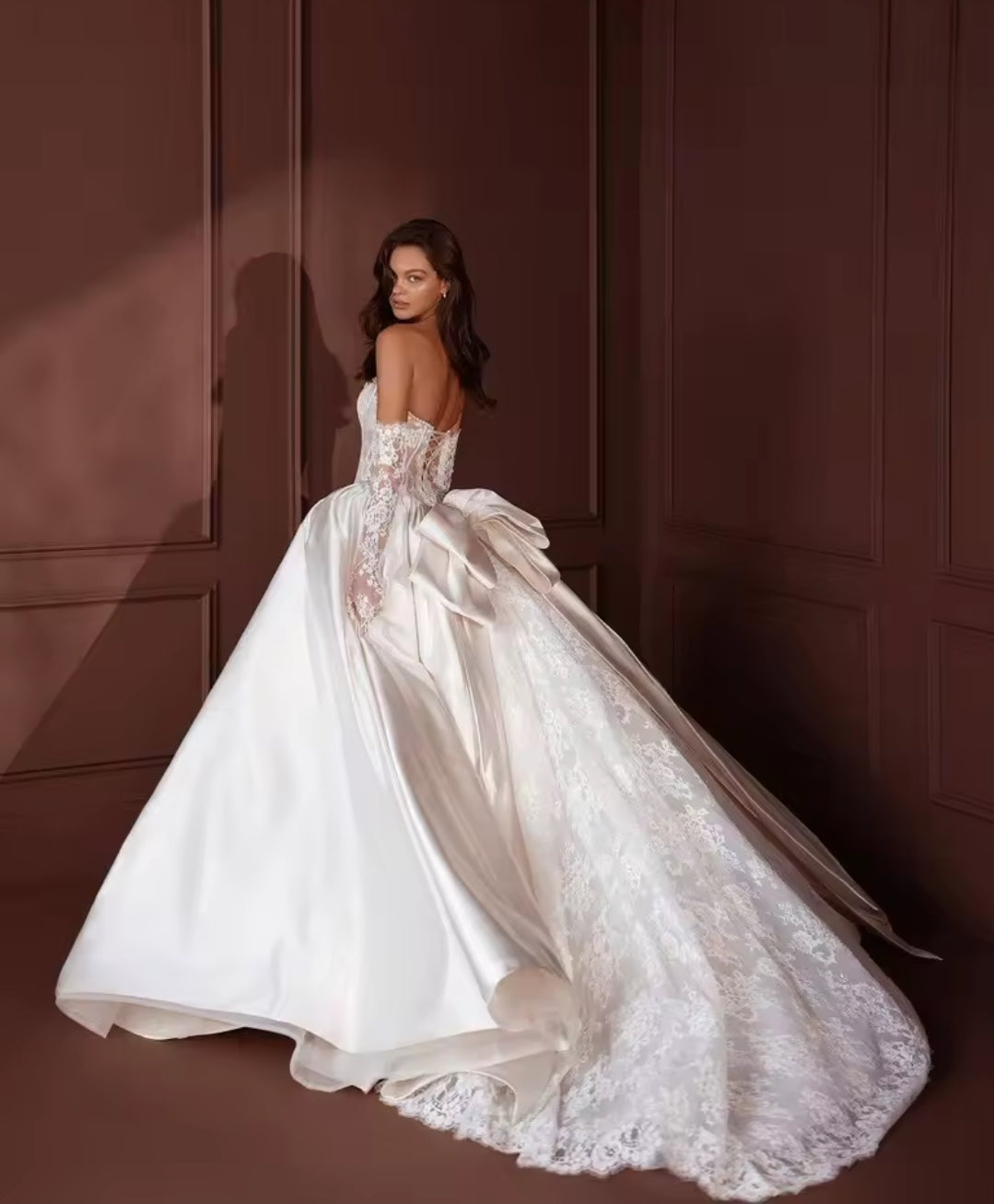 Strapless Lace Pearl Beaded Trim Corset Pleated A-Line Bridal Gown With Detached Lace Sleeves
