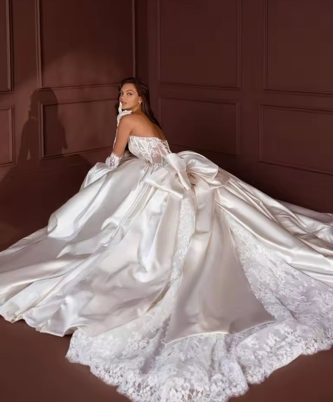 Strapless Lace Pearl Beaded Trim Corset Pleated A-Line Bridal Gown With Detached Lace Sleeves